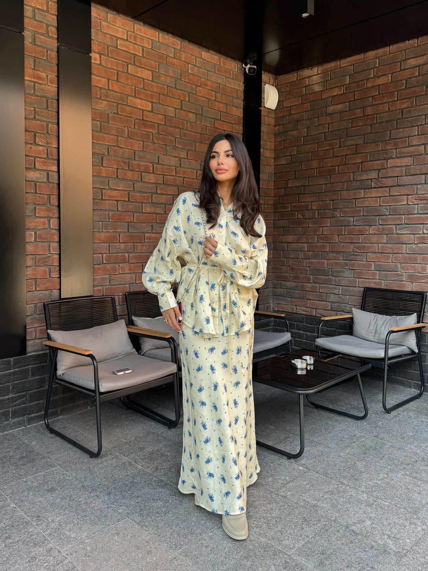 Women Two Piece Sets Skirt Set Floral Print Lantern Sleeve Turn Down Collar Shirt Long Skirts A Line Lace Up Y2k Elegant Work