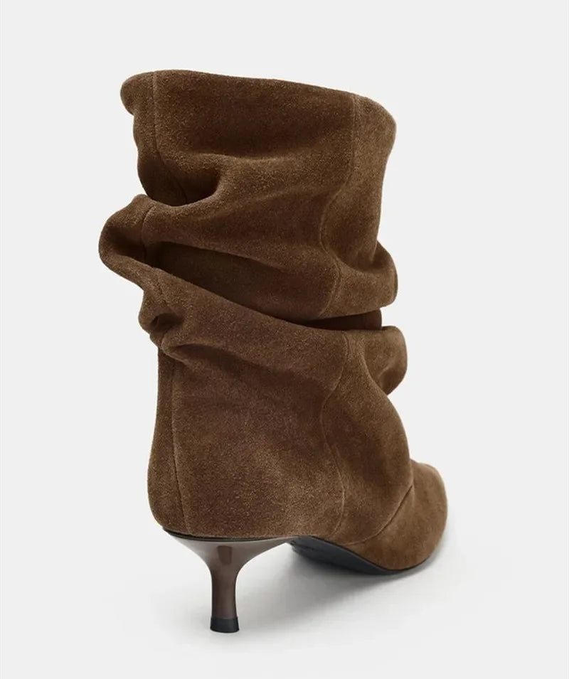 Aneikeh Winter Wrinkle Pointed Toe Ankle Boots Women Pleated Short Boots Female Retro Elegant Designer Femmes Botas De Mujer