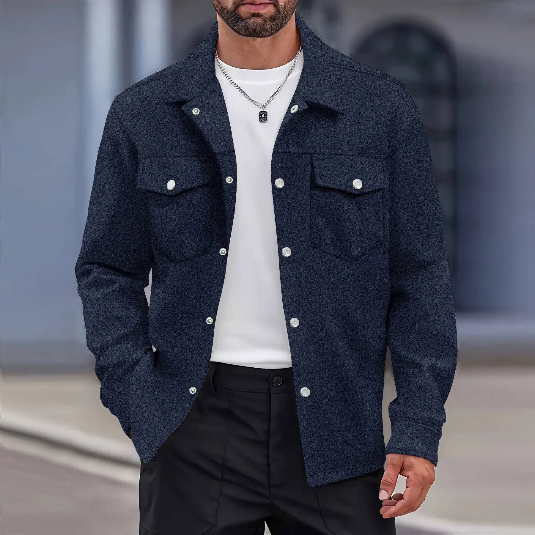 2025 new men's casual spring and autumn solid color single-breasted jacket pocket long-sleeved coat