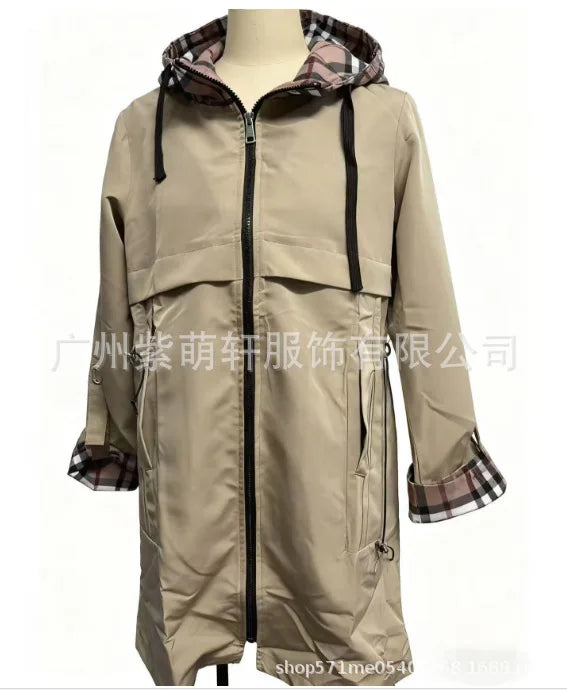 Fashion Trench Coat Woman Autumn Winter Solid Color Versatile Casual Street Style Cardigan Long-sleeved Hooded Plaid Outerwears
