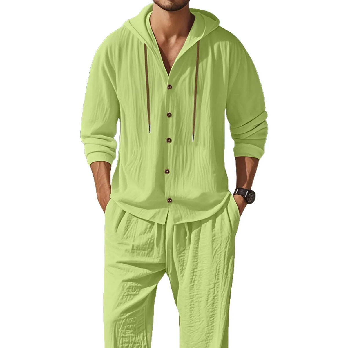 Men's Linen Long-Sleeved Shirt And Pants Set Breathable Outdoor Leisure Hiking Beach Sports Clothing for Spring Summer Autumn