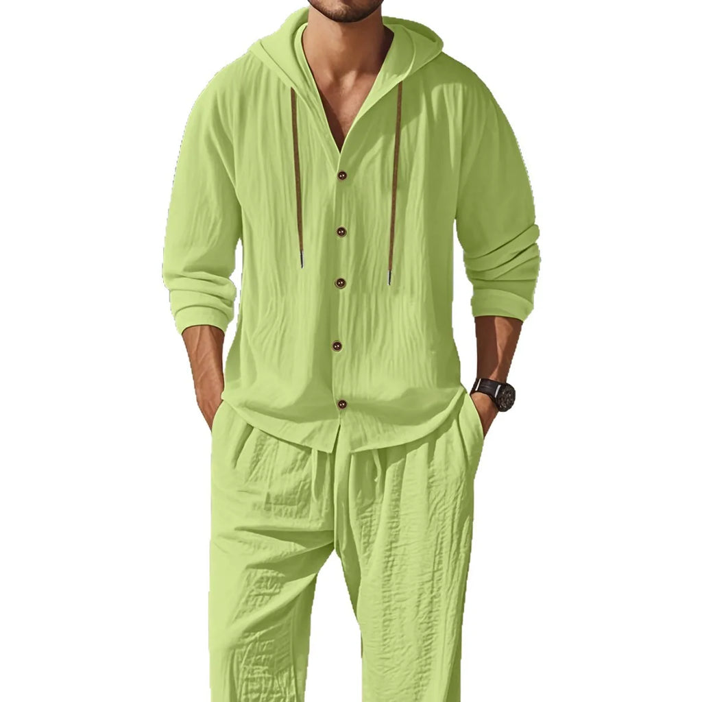 Men's Linen Long-Sleeved Shirt And Pants Set Breathable Outdoor Leisure Hiking Beach Sports Clothing for Spring Summer Autumn