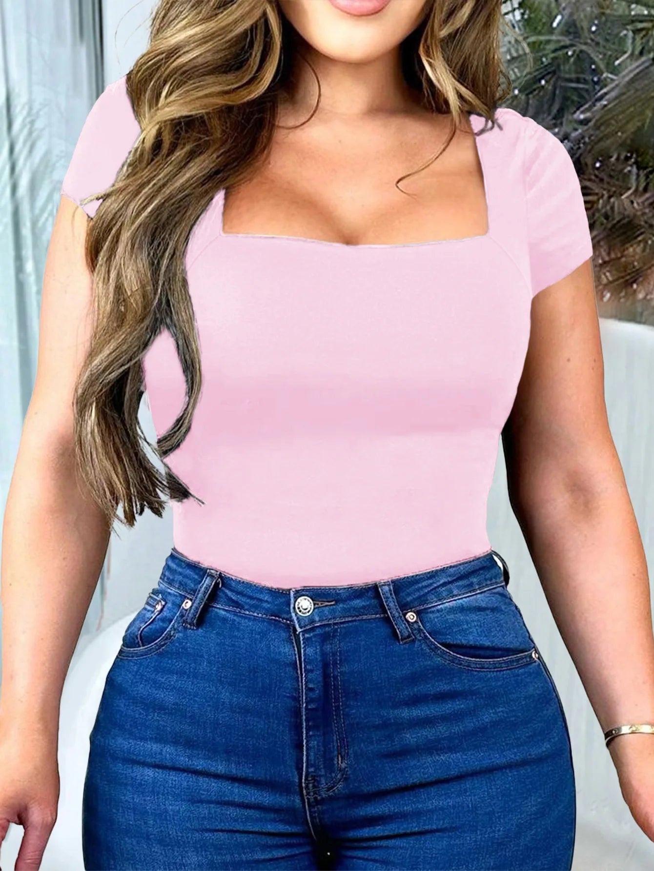 New Arrival Hot Seller 2024 Spring/Summer T-Shirt Women's Casual Square Neck Solid Color Slim-Fit Crop Top Short Sleeve