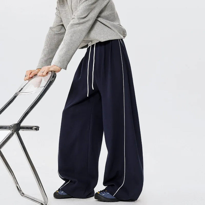 Men's Minimalist Oversized Wide Leg Sweatpants Contrast Stripe Drawstring Waist Streetwear Pants