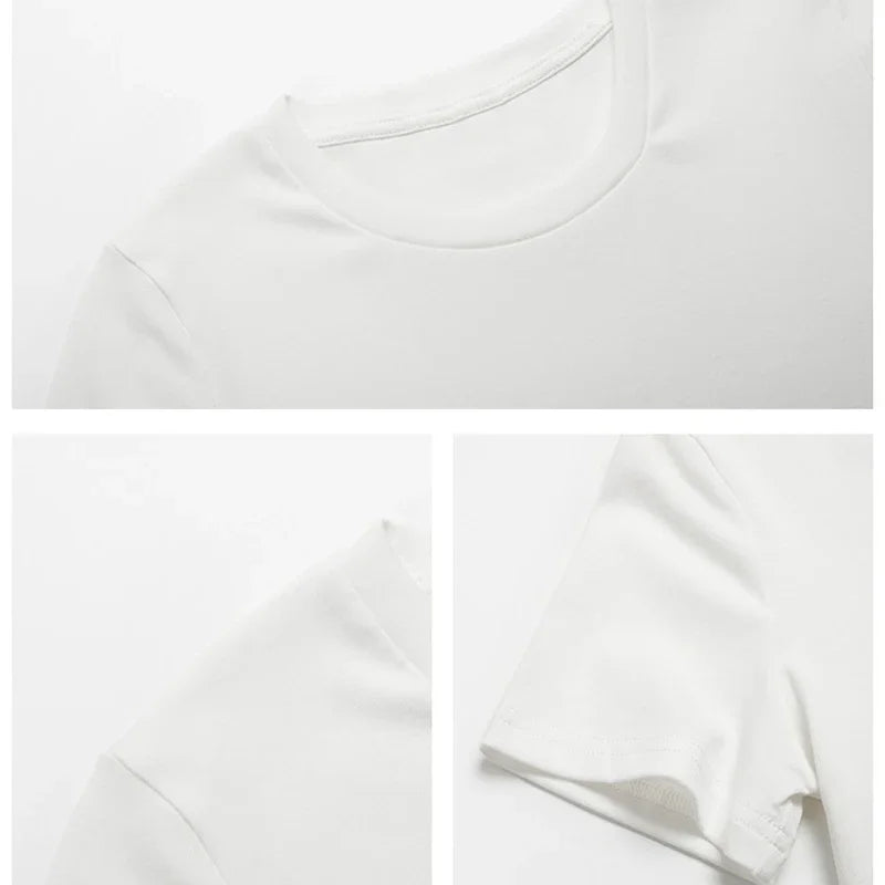 Summer Casual Short Sleeve Basic O Neck Solid Color Cropped Navel Women Crop Tops Soft Bodycon Fashion Tees Blouse
