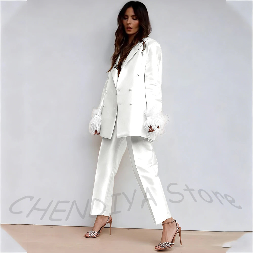 Luxury Feather Women's Suit Classic Design Double Breasted Ankle Length Elegant Outfit Two Pieces Formal Party Female Set