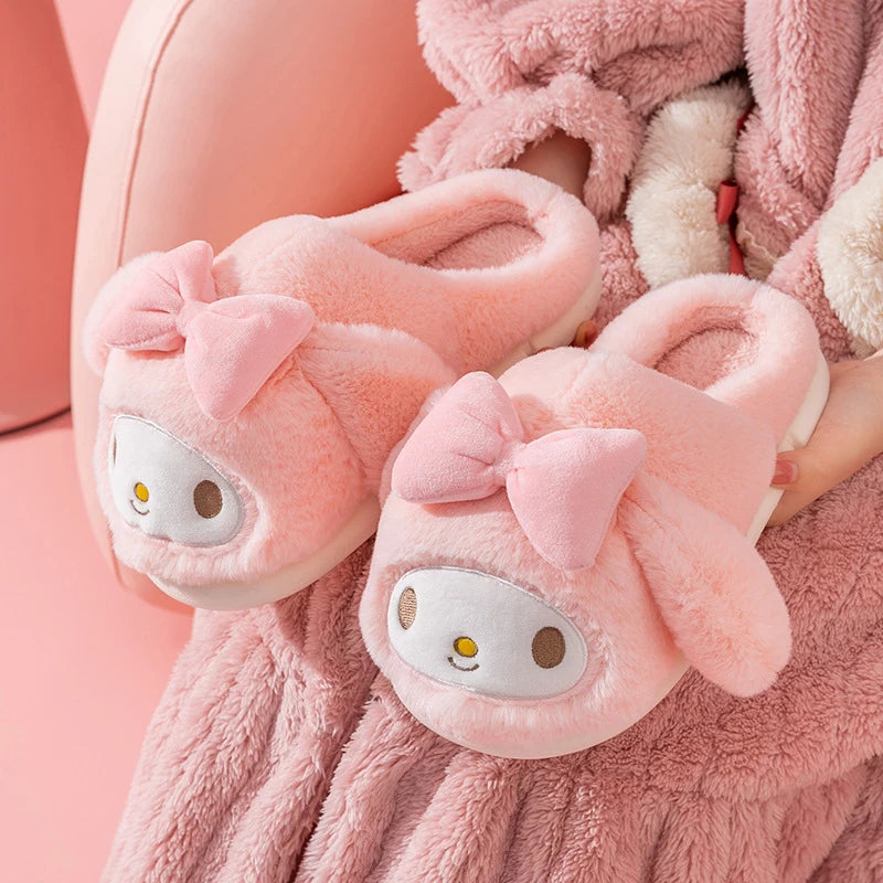 Sanrio Plush Slippers Women My Melody Kawaii Anime Cinnamoroll Cotton Shoes Flat Autumn Winter Keep Warm Non-Slip Cute Girl Gift