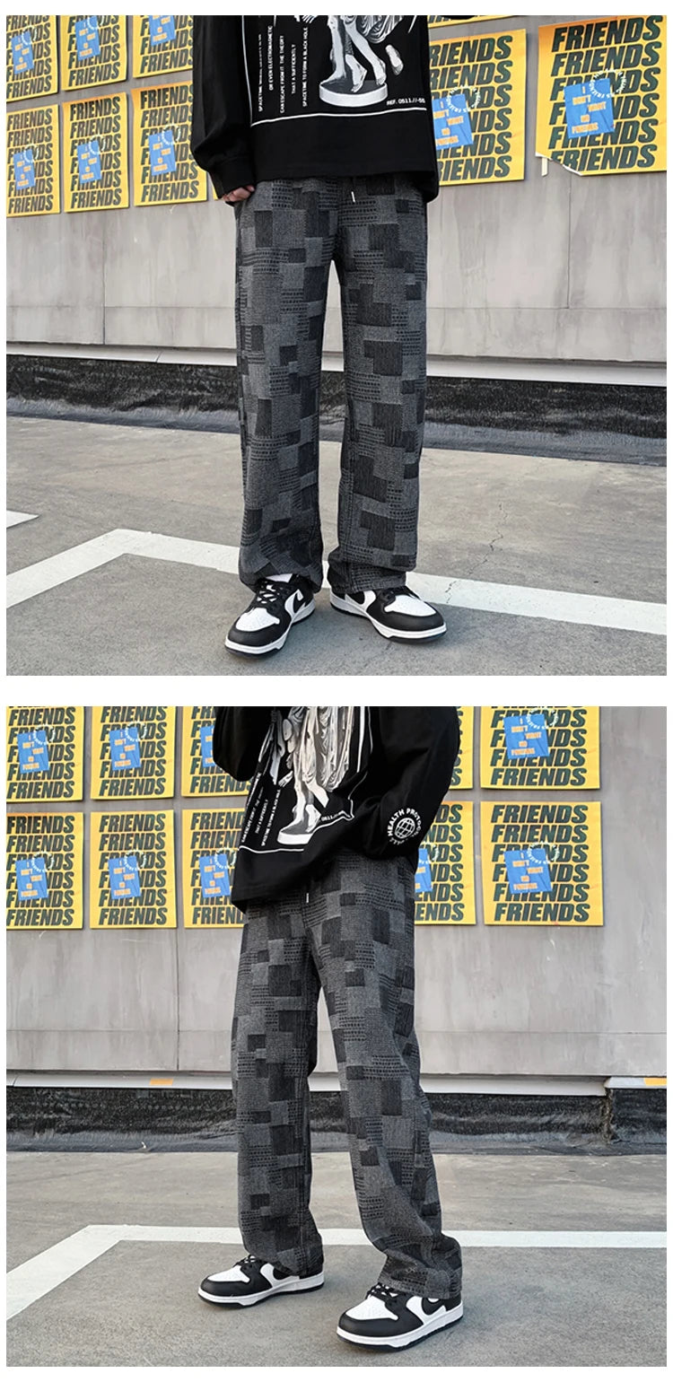 Blue Black Plaid Jeans Men Retro Casual Wide-leg Jeans Mens Streetwear Loose Hip-hop Straight Denim Trousers Men Vintage Jeans