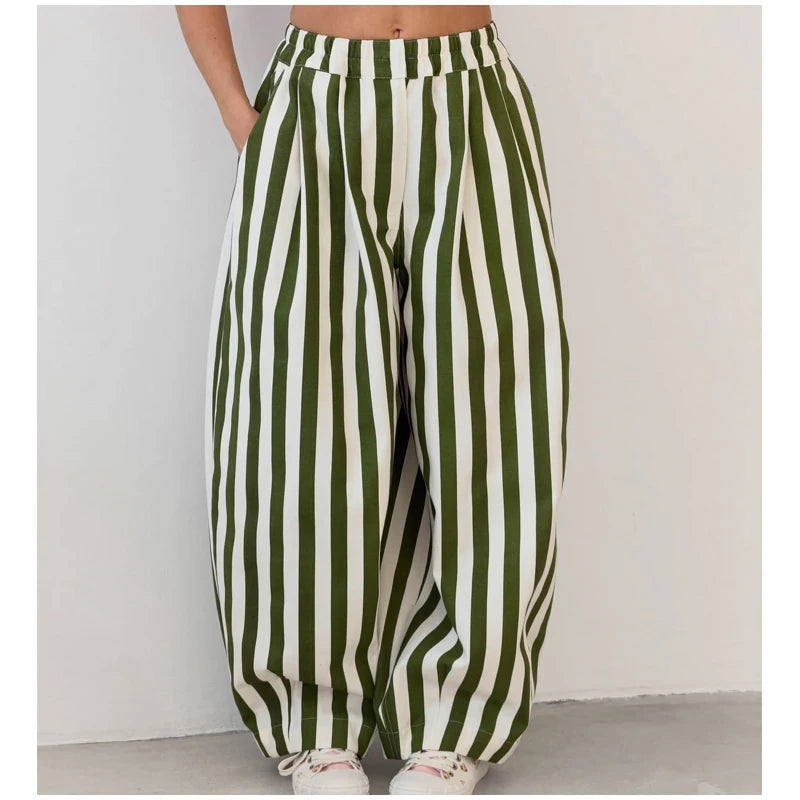 Red White Striped Balloon Pants Women's Elastic Waist Wide Leg Baggy Casual Trouser 2026 Summer New Streetwear Loose Fit Pants