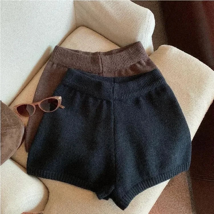 High-Waisted Elastic Knit Shorts Women's Anti-Exposure Outerwear Warm Pants Base Layer Thermal Pants Harajuku Vintage Y2K Shorts