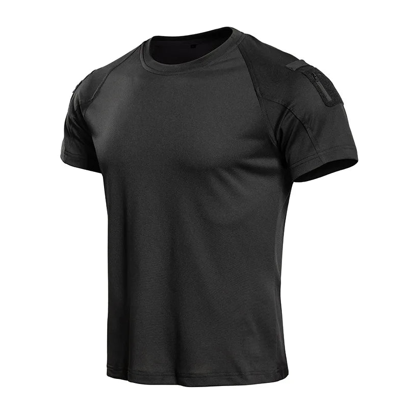 Men's Tactical T-Shirt Short Sleeve Quick Dry Breathable Lightweight Combat Tee with Shoulder Zip Pocket for Hiking Camping Tops