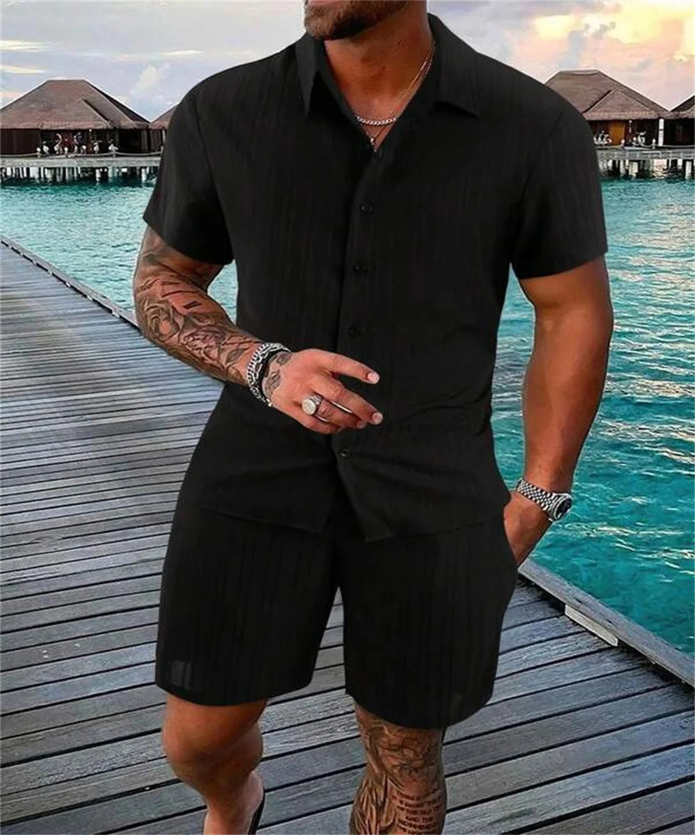 2024 New style Summer Men's Fashion Beach Suit Outdoor Sports Casual Shirt Solid color Loose Short Sleeve Shorts Beach two-piece