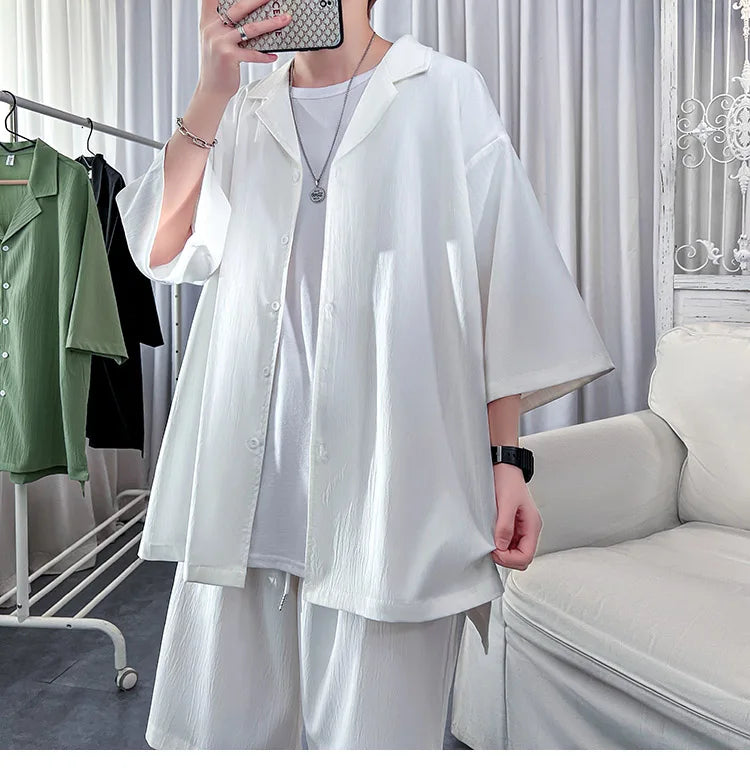 Korean Style Men's Set Shirt+Shorts Solid Short Sleeve Top Matching Bottoms Summer Fashion Oversized Clothing Men