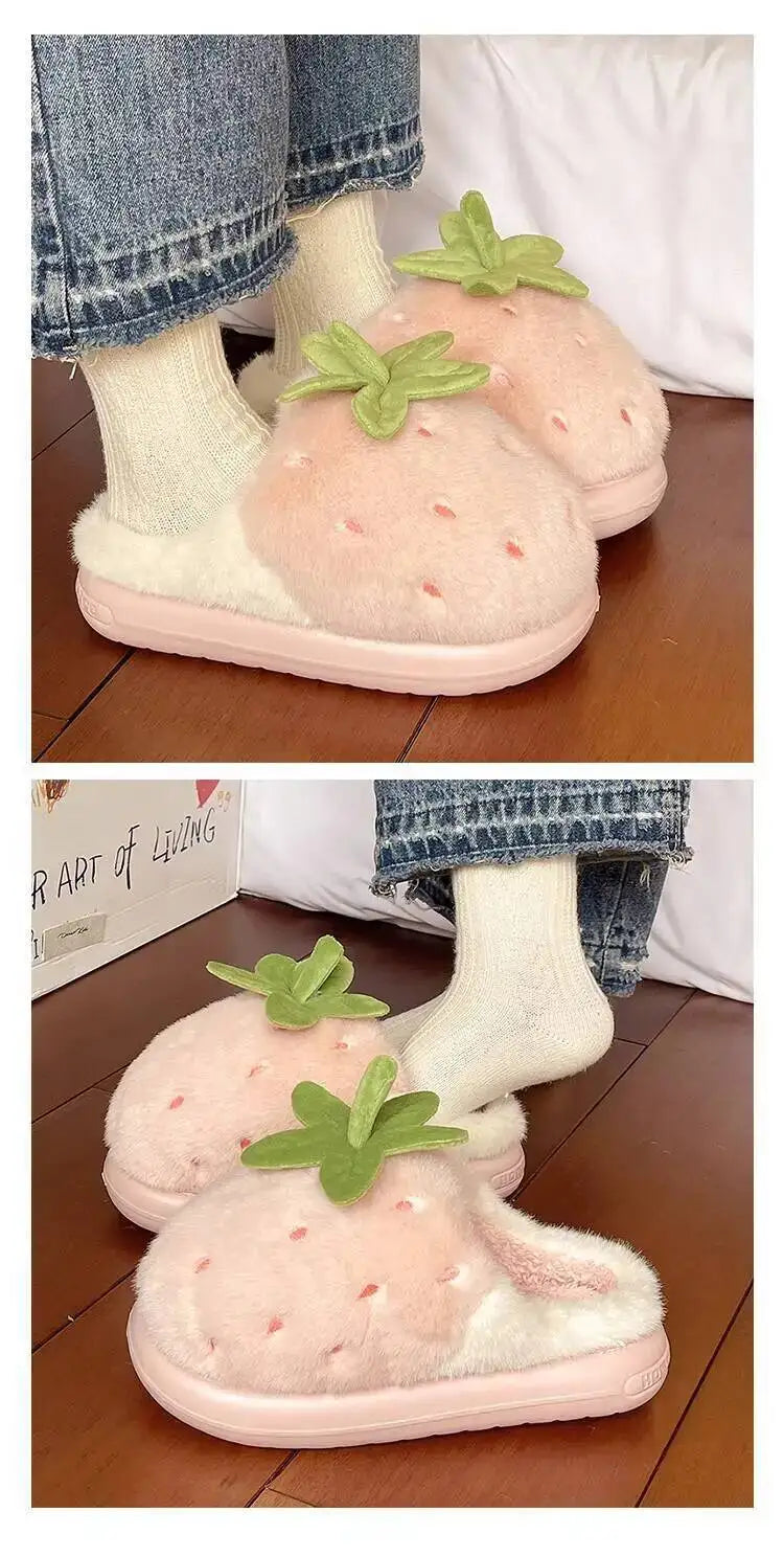 Winter Women's Furry Cotton Home Slippers Cute Strawberry Design Warm Thick Soled Anti Slip Indoor Household Outdoor Wearable