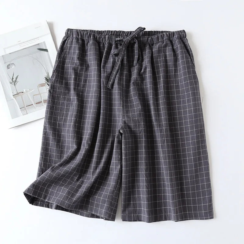 New 2026 Men's Sleepwear Pajama Shorts Plaid Design 100% Cotton Casual Loose Double-layer Homewear Sleep Bottoms Male Home Pants