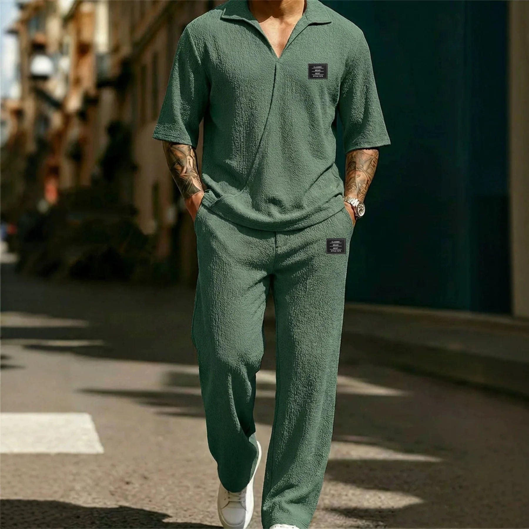 2026 New Style Men's Fashion Casual Shirt Set - High-Quality Solid Color V-Neck Short Sleeve Pants Two-Piece Set