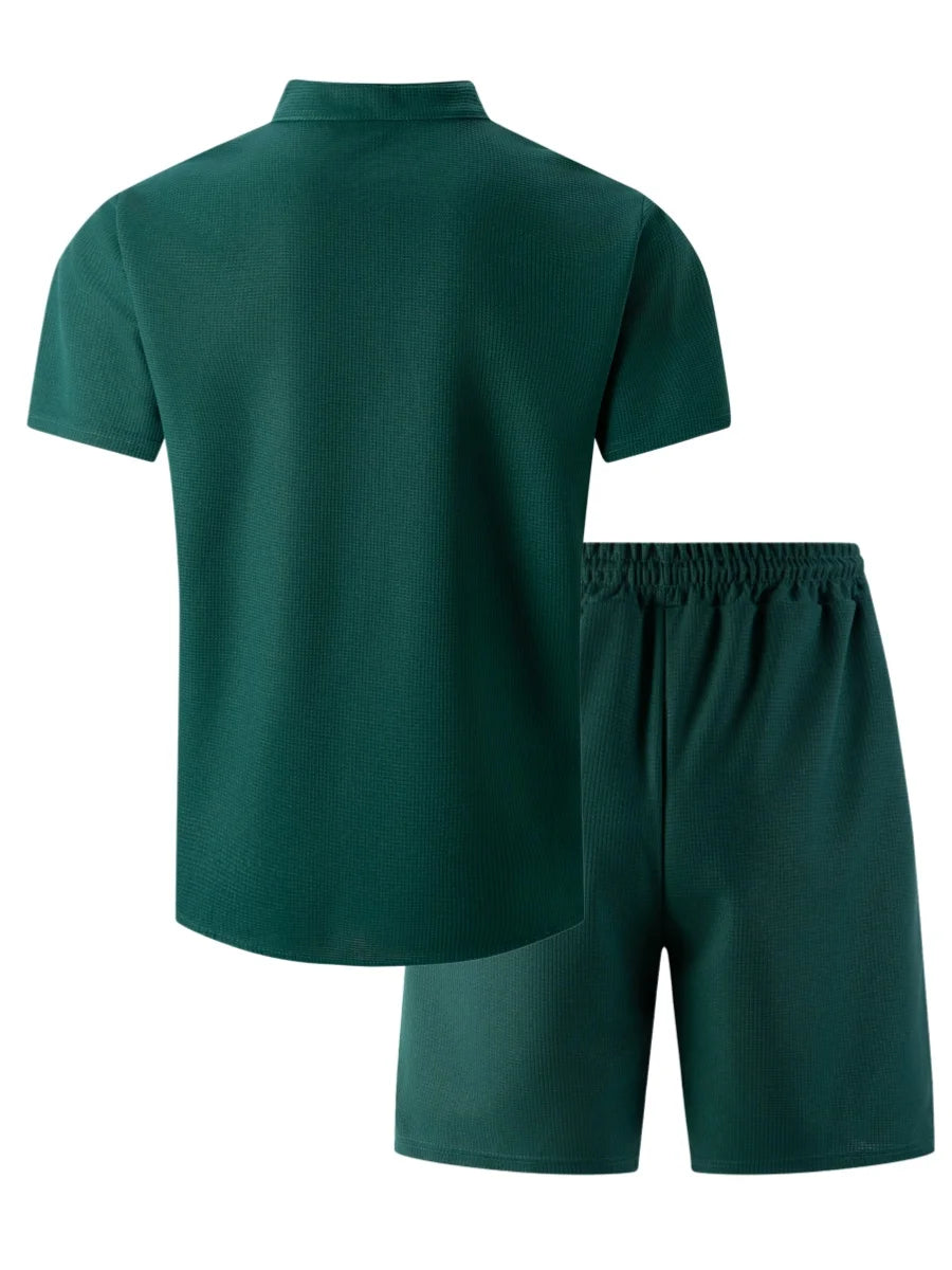 Men's 2 Piece Outfit, Stand Collar Short Sleeve Shirt with Chest Pocket and Drawstring Shorts, Casual Co Ord Set