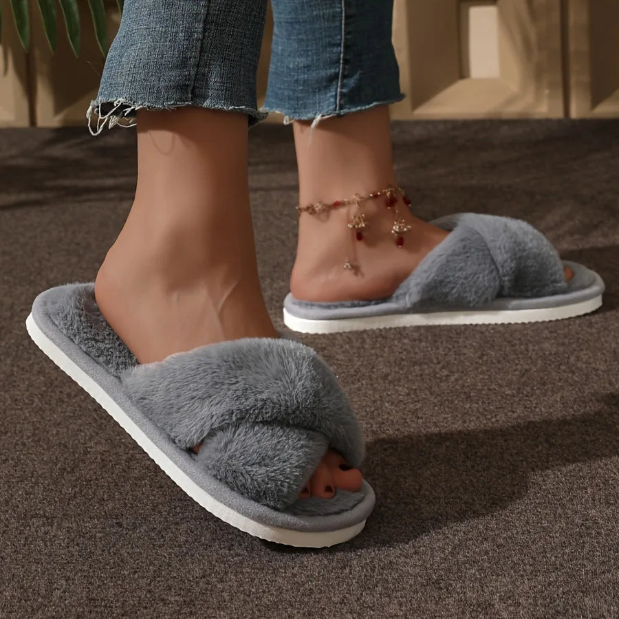 Women’s Cross Band Fur Slippers Indoor Furry Fuzzy Open Toe Shoes Home Cozy Warm Slides Double Straps Slipper Soft Sole Non Slip