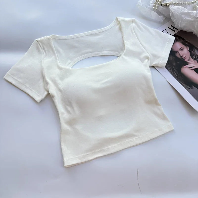 T-shirt Woman Clothing Square Neckline Tops Short Sleeve Crop Top with Bras for Women Girls Sexy Street Wear Backless Top Tees
