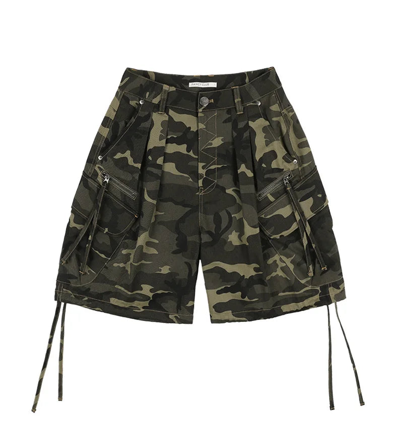 Women's Techwear Camo Cargo Shorts Streetwear High Waist Loose Multi-Pocket Zipper Drawstring Casual Harajuku Summer Bottoms