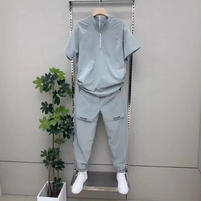 New Men 2 Piece Set Half Zip Stand Collar Loose Quick Dry Breathable Short Sleeve T Shirt Sports Pants Casual Tracksuit