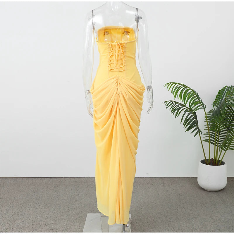 Women Sexy Solid Pleated Strapless Dress Lady Chic Off-shoulder Backless High Waist Split Dresses 2026 Summer Evening Party Gown