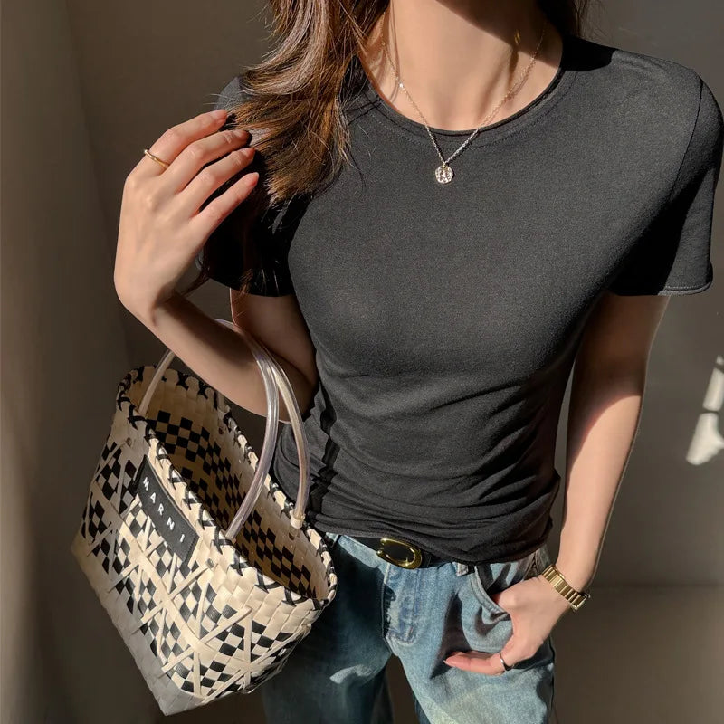 Solid Color Slim Fit Short Sleeve T Shirt for Women Summer New Cotton Blended Basic Tees Woman Thin Breathable Crew Neck T-shirt