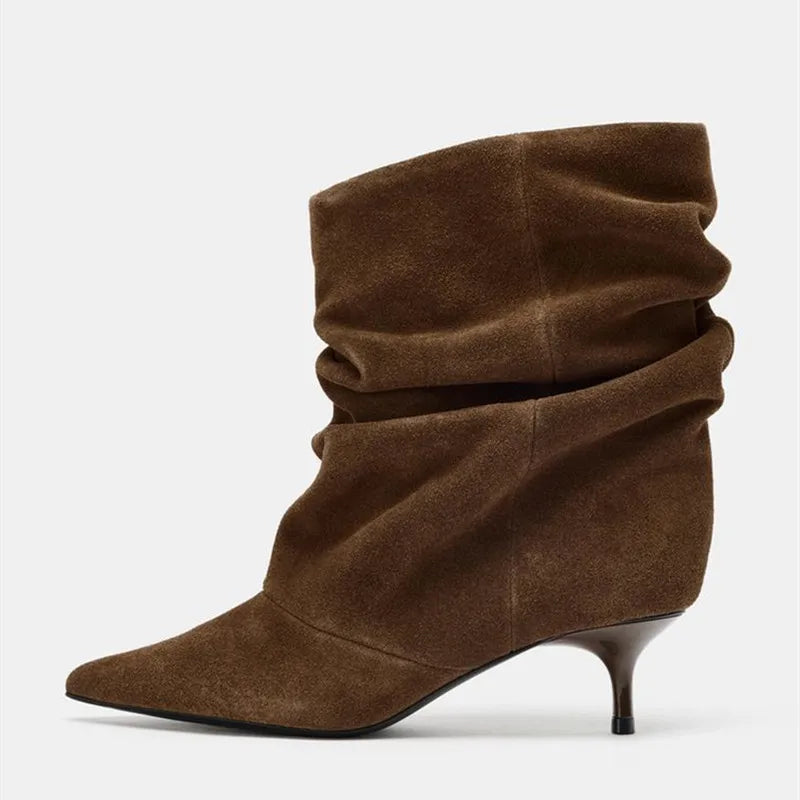 Aneikeh Winter Wrinkle Pointed Toe Ankle Boots Women Pleated Short Boots Female Retro Elegant Designer Femmes Botas De Mujer