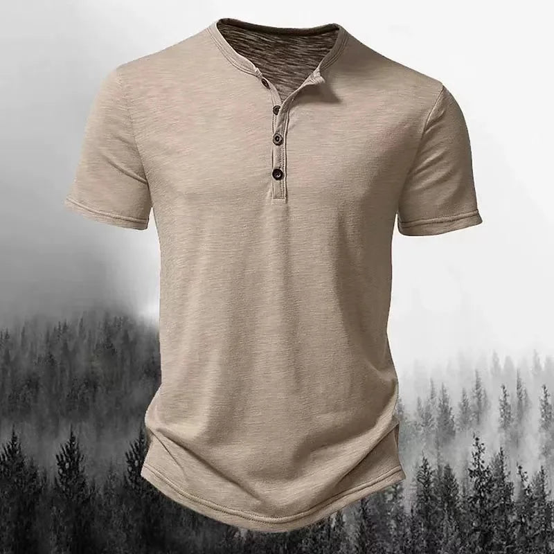 Summer men's Henry collar casual solid-color short-sleeved T-shirt, casual and breathable button-down high-quality men's T-shirt