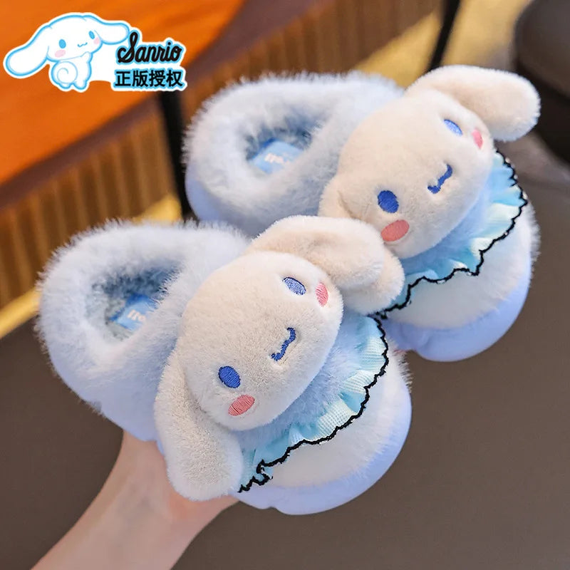 Sanrio Kawaii Girls Plush Slippers Cute Kuromi Hello Kitty My Melody Cartoon Student Winter Home Indoor Anti-Slip Warm Shoes