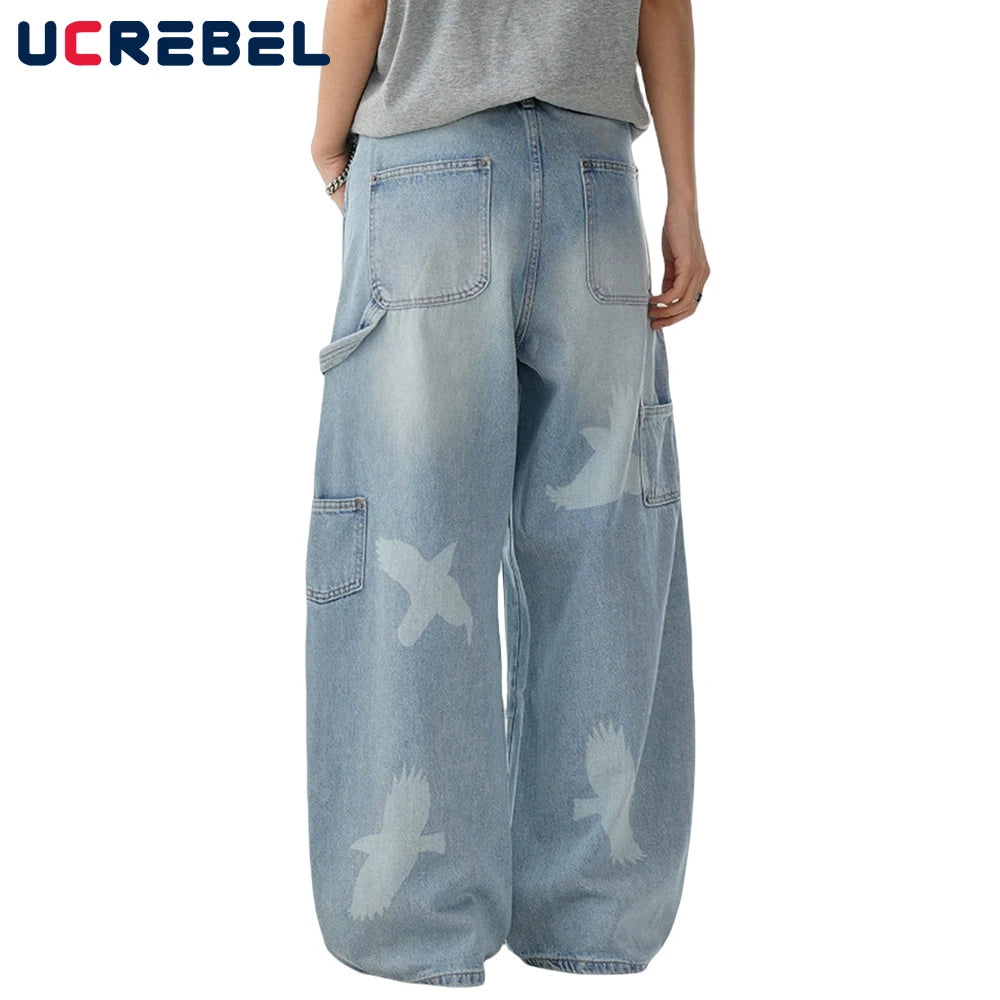 Pigeons Print Carpenter Denim Pant Mens Pocket Retro High Street Washed Distressed Loose Wide Leg ARC 3D JEANS