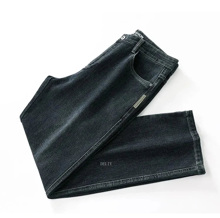 Autumn Winter  Brand New High Waist Jeans Classic Business Casual Office Men's Fashion Stretch Slim Denim Jeans Navy Blue