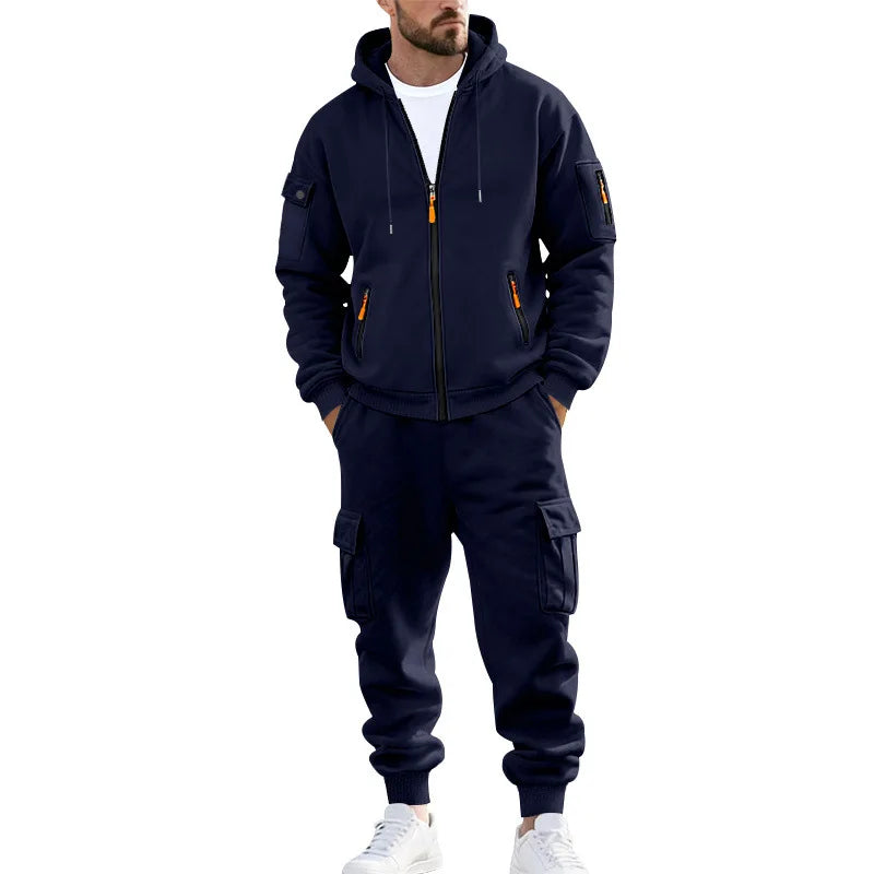 Men's Full Zip Hooded Tracksuit 2 Piece Set Casual Cargo Pocket Jogger Suit Outdoor Sports Hoodie And Pants Set