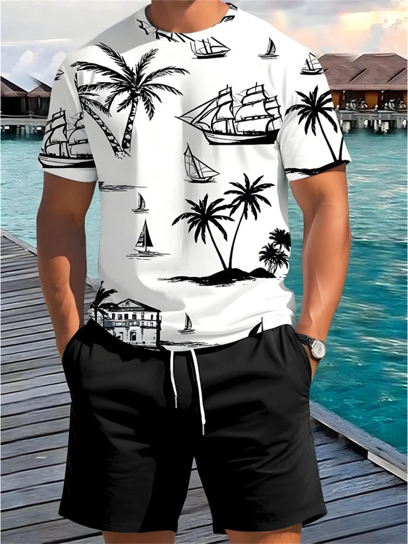 2025 Summer New Men's Short Sleeve Palm Tree Print T Shirt Fashion Men's Vacation Beach Casual Shirts Graphic Tee Summer Tops