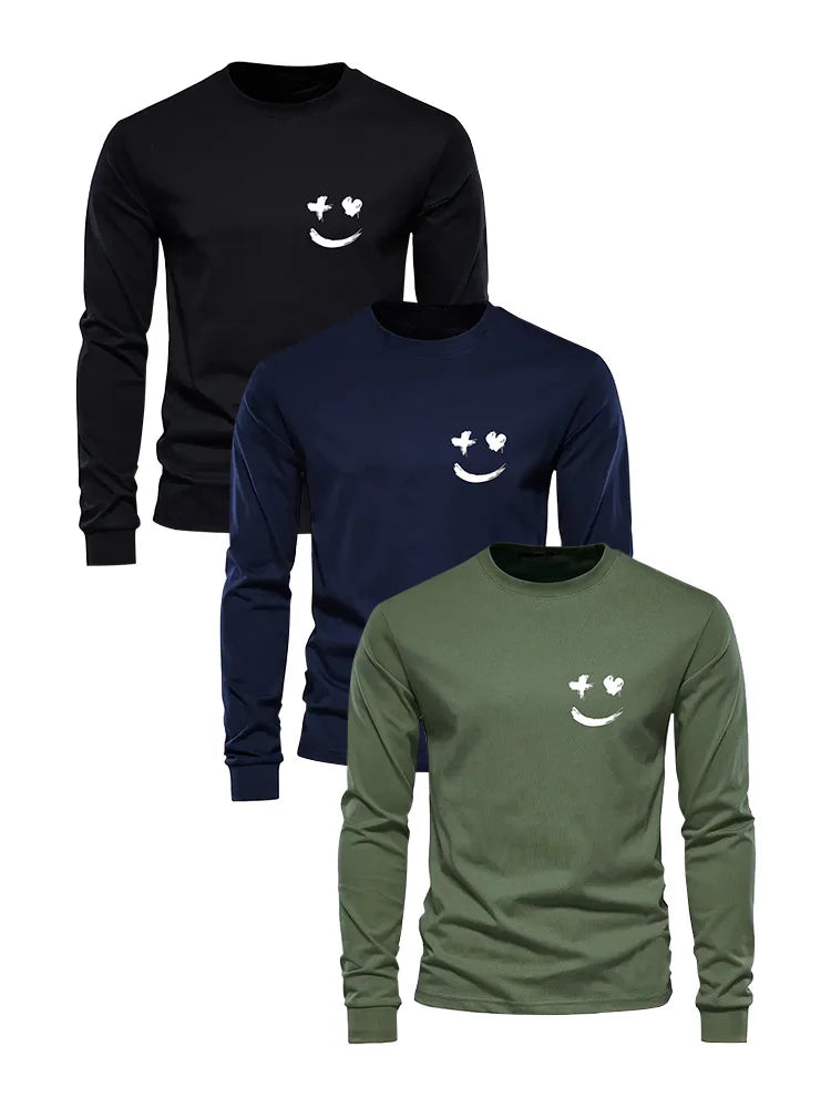 Simple Smiley Face Printed Men's Fashion Long-sleeve Round Neck T-shirt Autumn and Spring Season Mens Home Leisure Plus Size Top