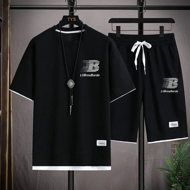 2026 Men's Sports Fashion Casual T-shirt and Shorts Set, the Latest Summer Waffle Set Featuring Simplicity and Comfort