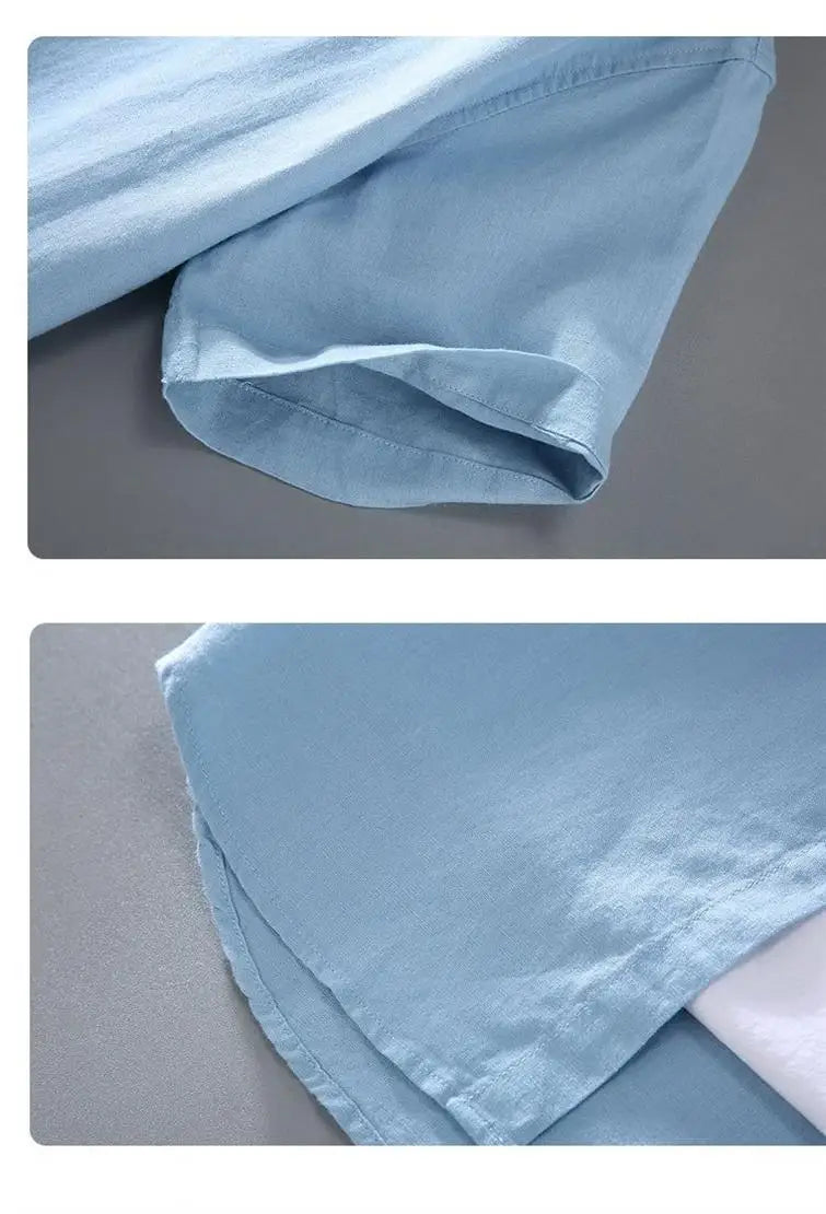 Men's Cotton Linen Short-Sleeved Shirt Summer Streetwear Plain Color Stand Collar Casual Beach Style plus Size M-3XL