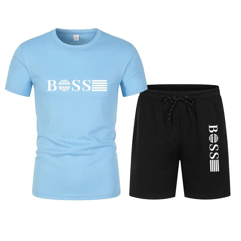 Spring and Summer New Two-piece Men's Running T-shirt and Short Casual Elastic Round Neck Sports Suit Comfortable Quick Drying