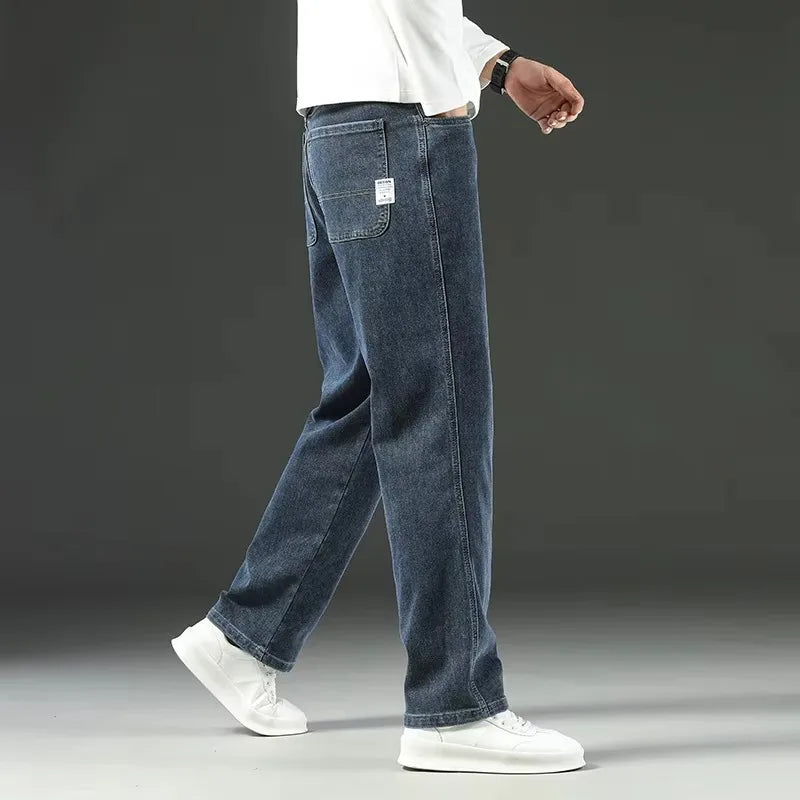 Autumn Winter  Brand New High Waist Jeans Classic Business Casual Office Men's Fashion Stretch Slim Denim Jeans Navy Blue