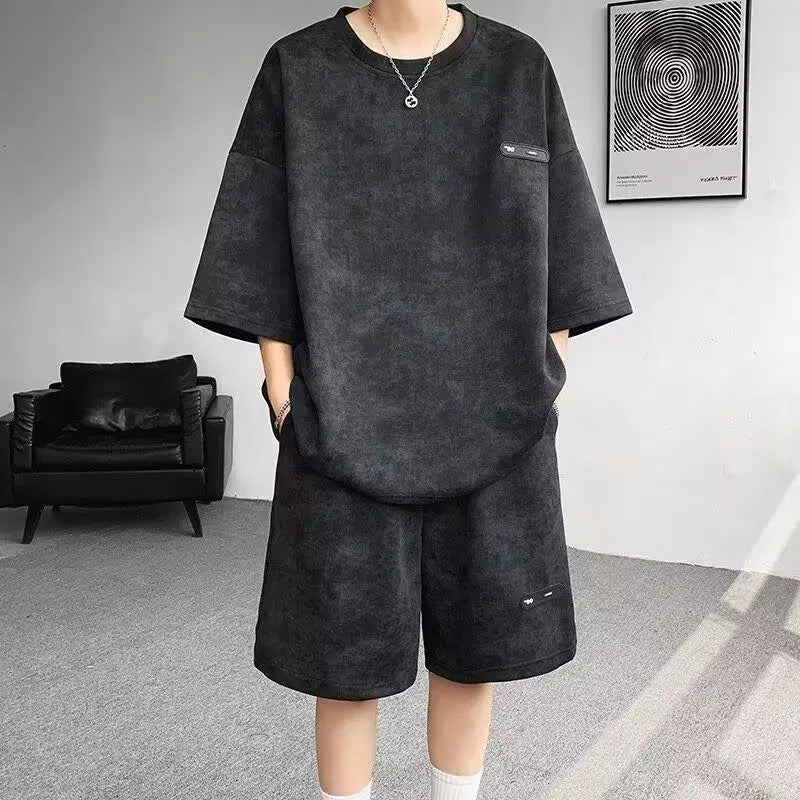 Asian Size M-8XlTie Dye Ice Silk Two-piece Set Men Polyester Short Sleeve Shorts Suit Slim Fit High Quality Basic Outfits Summe