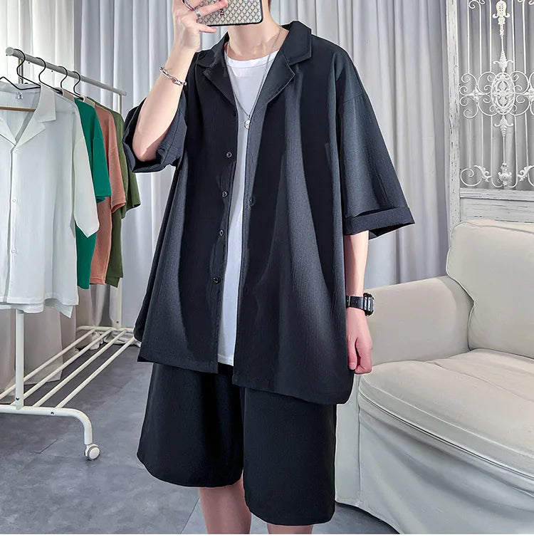 Korean Style Men's Set Shirt+Shorts Solid Short Sleeve Top Matching Bottoms Summer Fashion Oversized Clothing Men