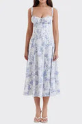 Women Summer Dress 2024 Fashion Floral Print Halter Sling V Neck Bra Sleeveless Gentle Woman mid-calf Dresses Vestidos GHH24128