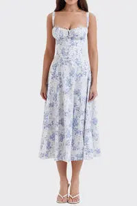 Women Summer Dress 2024 Fashion Floral Print Halter Sling V Neck Bra Sleeveless Gentle Woman mid-calf Dresses Vestidos GHH24128
