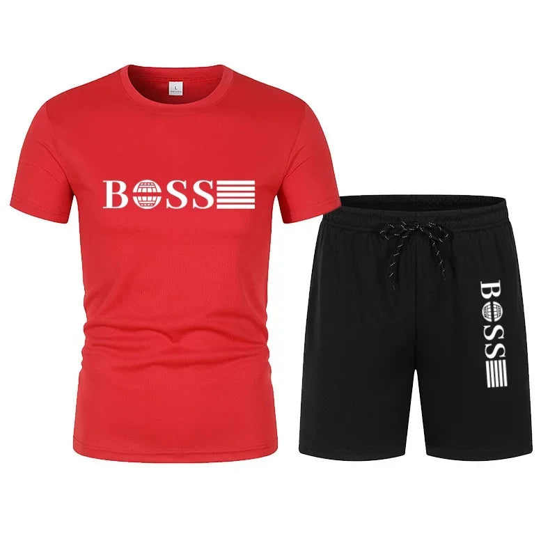 Spring and Summer New Two-piece Men's Running T-shirt and Short Casual Elastic Round Neck Sports Suit Comfortable Quick Drying