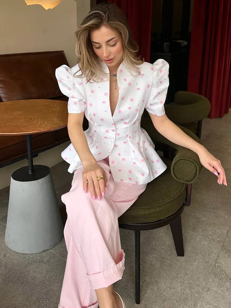Waist Cinching Floral Suit Jacket Lady V-Neck Short Bubble Sleeve Shoulder Pad Jackets Fashion Daily 2026 Summer New Woman Coat