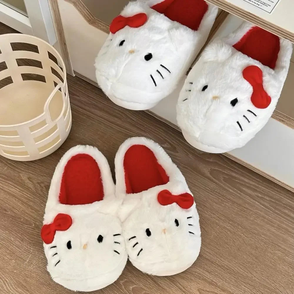 Cute Hello Kitty Anime Women Plush Slippers Sanrio Kawaii Cotton Shoes Student Winter Bedroom Soft Shoes Girls Festival Gifts