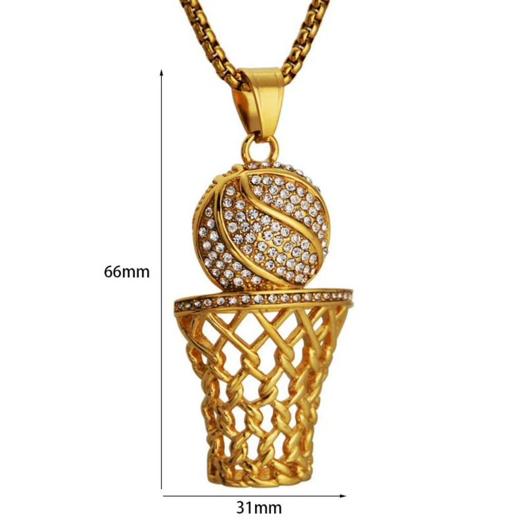 Hip Hop Iced Out Bling Basketball Basket Pendant Stainless Steel Cubic Zirconia Fans Sports Necklace for Women Men Jewelry Gift