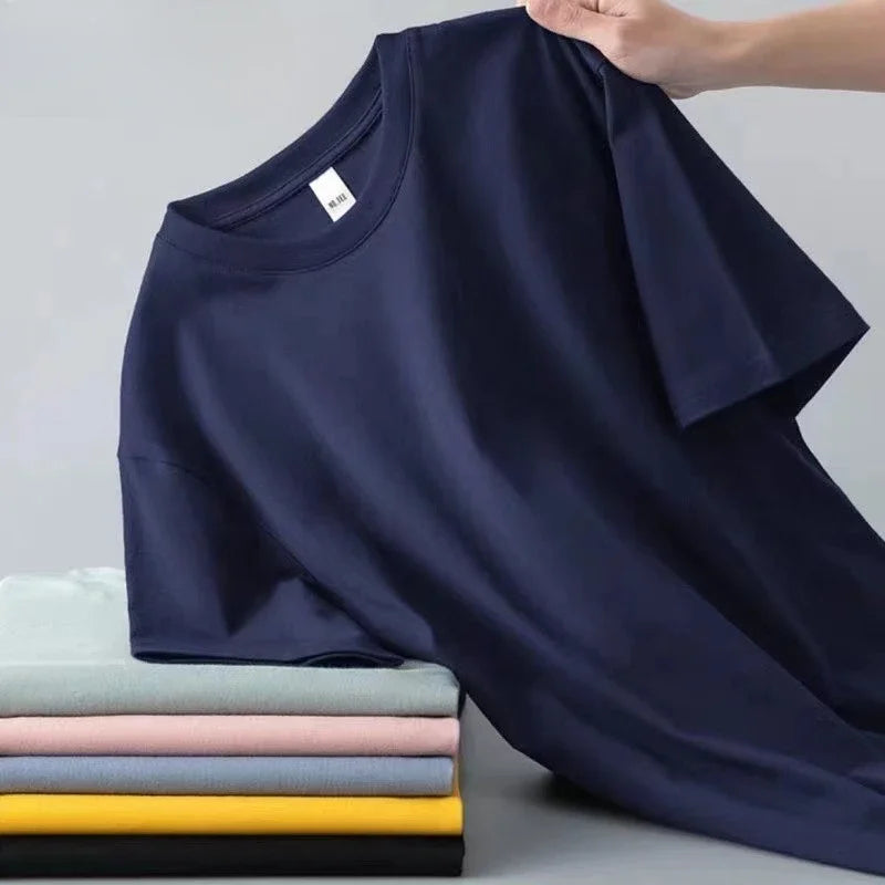 100% Pure Cotton Round Neck Short Sleeved T-shirt for Men and Women's New Summer Versatile Loose Solid Color Men's T-shirt