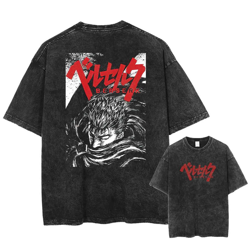 Anime Berserk Guts Printed Washed T-shirt Men Manga Street Tshirts Washed Cotton Harajuku Male Vintage Gothic Tops T Shirt