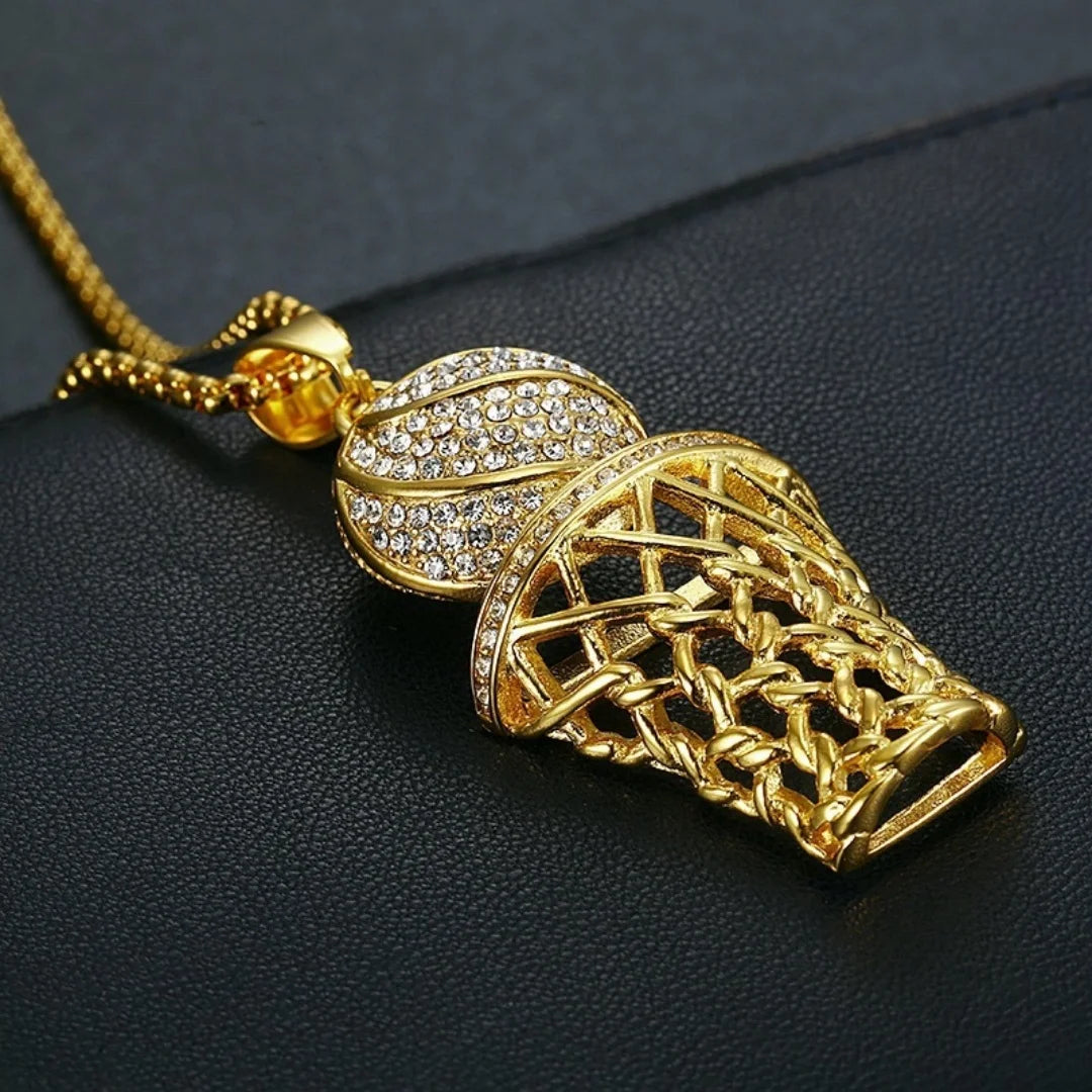 Hip Hop Iced Out Bling Basketball Basket Pendant Stainless Steel Cubic Zirconia Fans Sports Necklace for Women Men Jewelry Gift